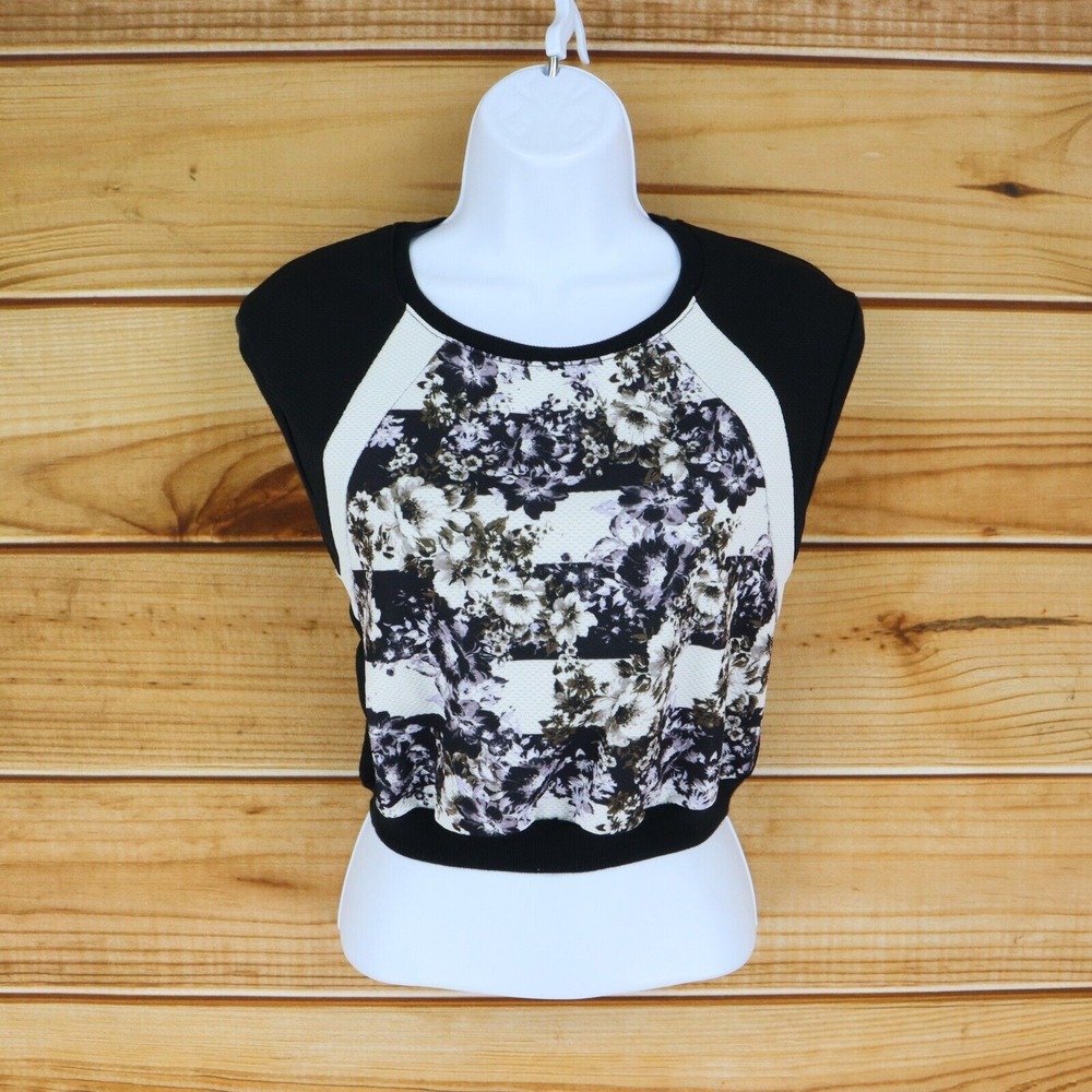 Xhileration Crop Top Womens Size S Black White Stretch Poly Floral Cap Sleeves